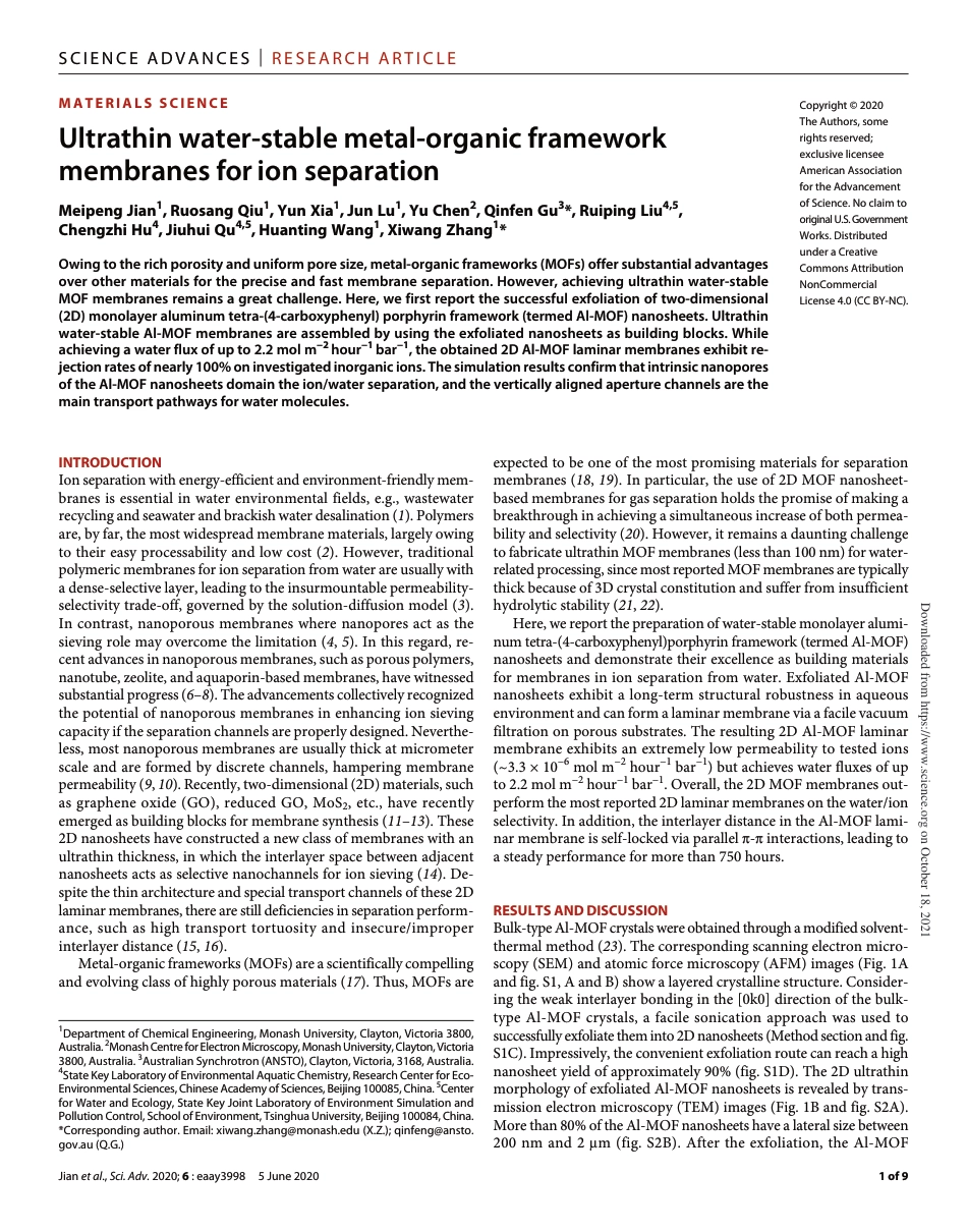 Ultrathin water-stable metal-organic framework membranes for ion separation_第1页