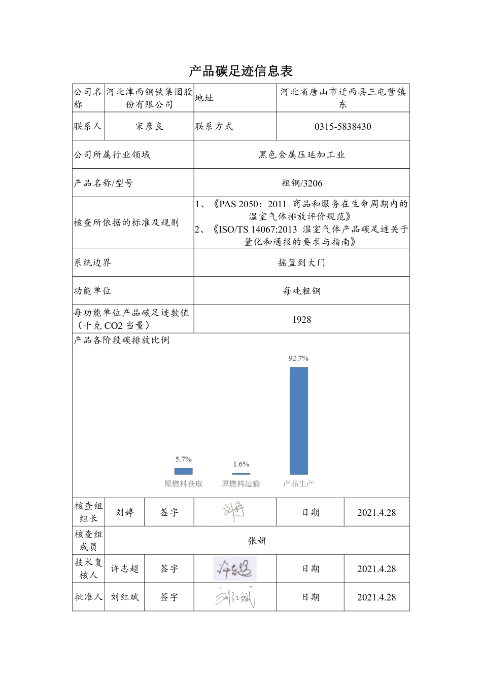 【钢铁】河北津西钢铁集团股份有限公司2020年度产品碳足迹报告_第2页