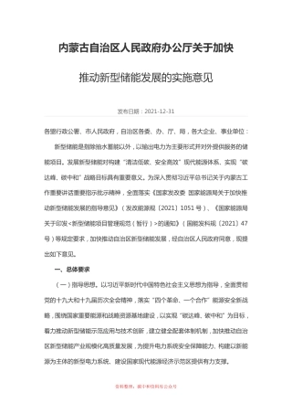 内蒙古自治区人民政府办公厅《关于加快推动新型储能发展的实施意见》