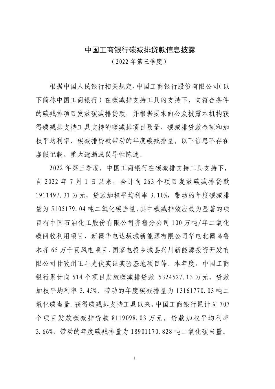 中国工商银行碳减排贷款信息披露（2022年三季度）_第1页