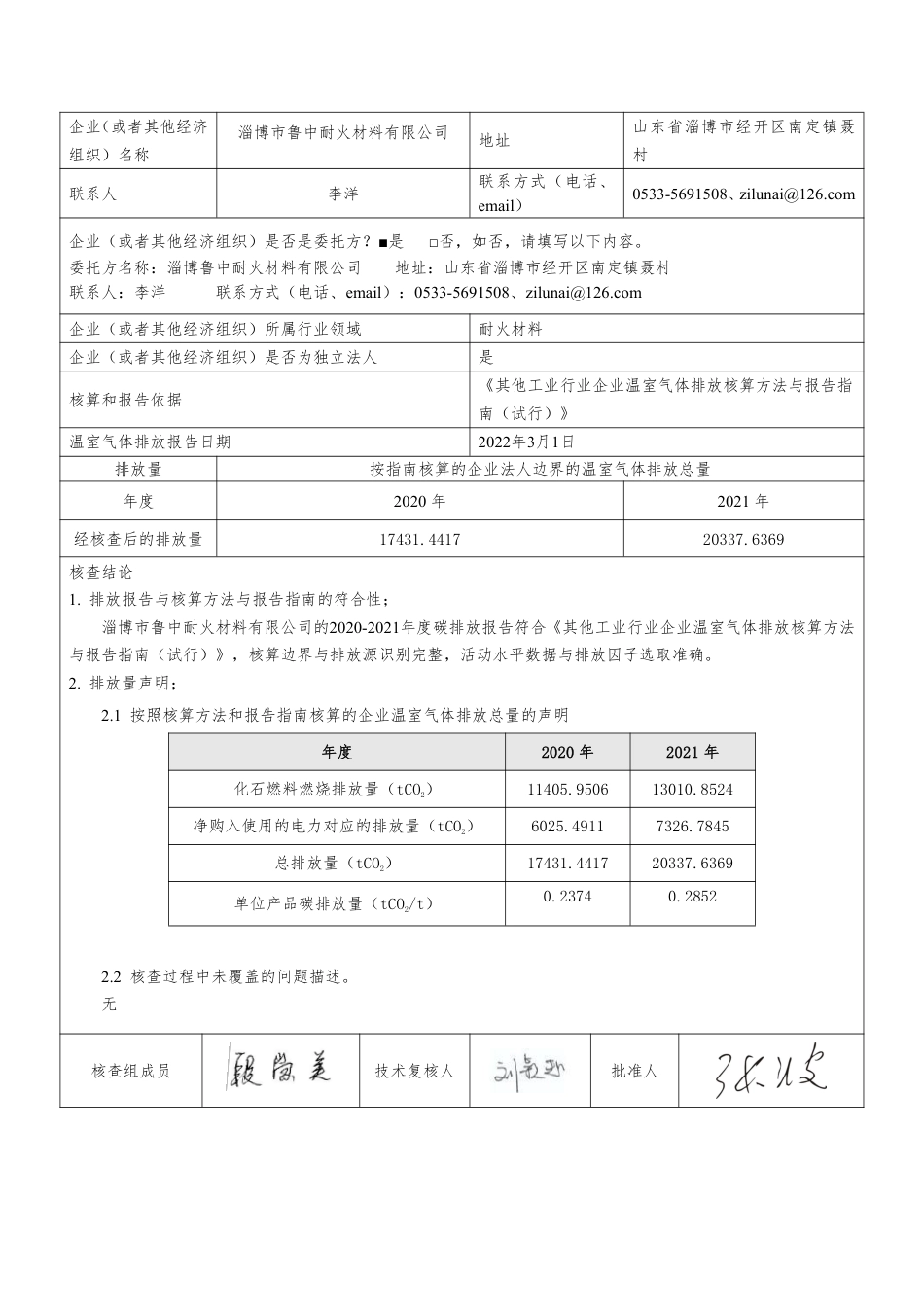 淄博市鲁中耐火材料有限公司2020-2021年度温室气体排放核查报告_第2页