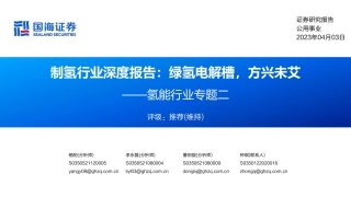 制氢行业深度报告：绿氢电解槽，方兴未艾--国海证券