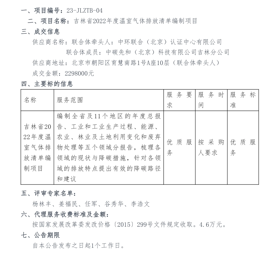【中标】温气清单229.8万-吉林省2022年度温室气体排放清单编制项目中标公示-吉林省生态环境厅-中环联合（北京）认证中心有限公司联合体_第1页