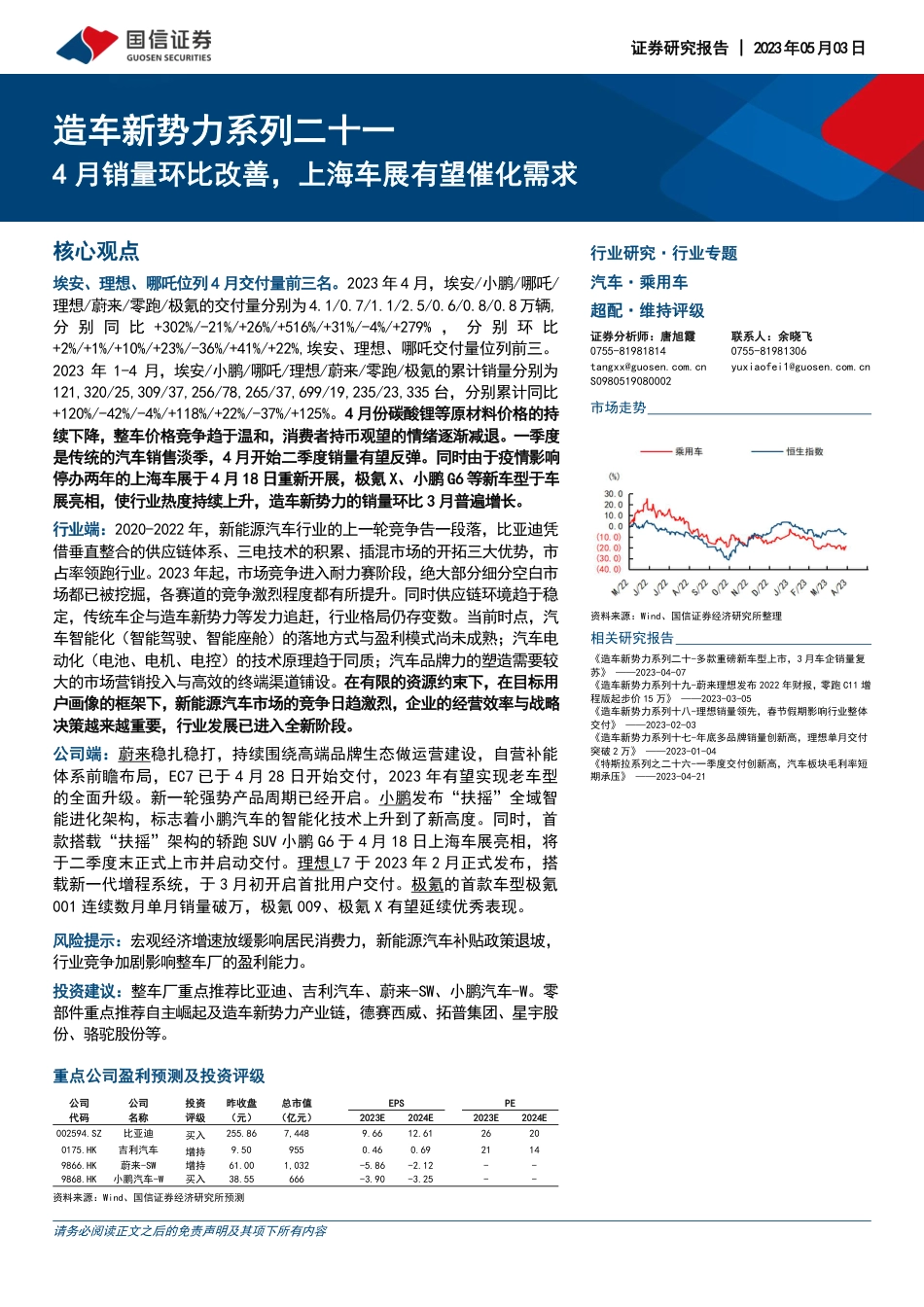 汽车和汽车零部件行业造车新势力系列二十一：4月销量环比改善，上海车展有望催化需求-20230503-国信证券-32页_第1页