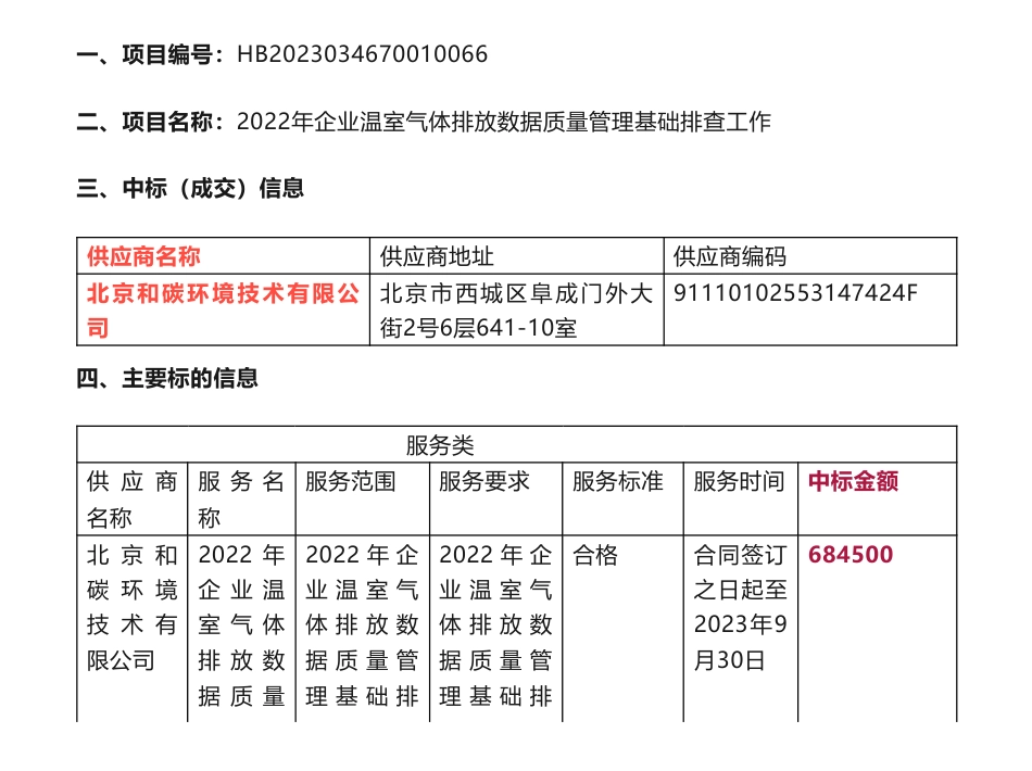 【中标】碳排放68.45万-2022年企业温室气体排放数据质量管理基础排查项目公开招标中标公告-石家庄市生态环境局-北京和碳环境技术有限公司_第1页