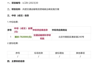 【中标】碳方案78.2万-新疆生产建设兵团交通运输物流领域碳达峰实施方案中标(成交)结果公告-交通运输部科学研究院