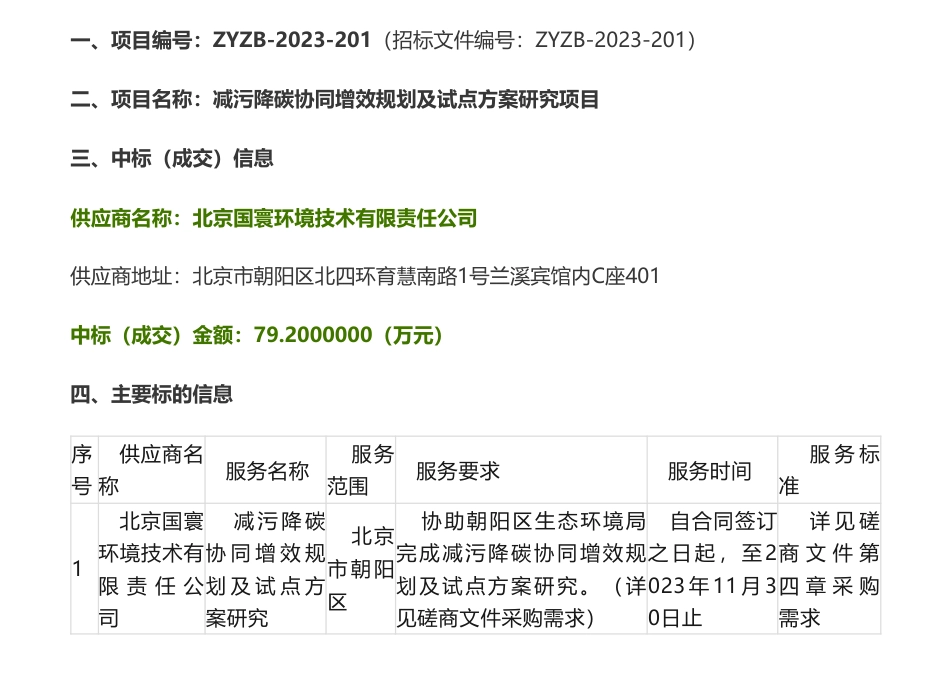 【中标】减污降碳79.2万-北京市朝阳区生态环境局机关减污降碳协同增效规划及试点方案研究项目成交公告-北京国寰环境技术有限责任公司_第1页