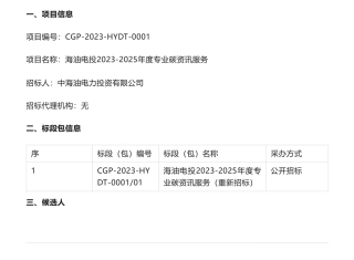【中标】碳咨询14.99688万-海油电投2023-2025年度专业碳资讯服务(重新招标)中标候选人公示-中海油电力投资有限公司-中网联合（北京）能源服务有限公司