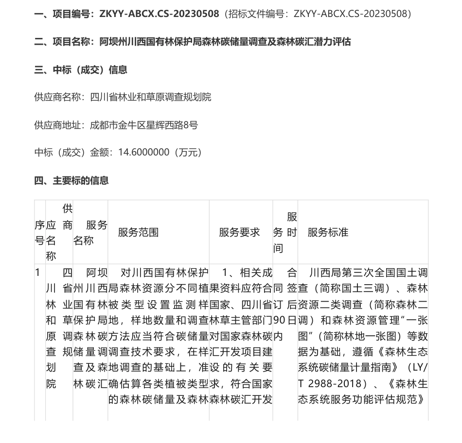 【中标】碳汇14.6万-阿坝州川西国有林保护局森林碳储量调查及森林碳汇潜力评估成交公告-四川林业和草原调查规划院_第1页