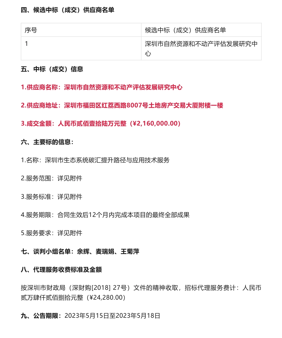 【中标】碳汇216万-深圳市生态系统碳汇提升路径与应用技术服务采购项目中标（成交）结果公示-深圳市规划和自然资源局-深圳市自然资源和不动产评估发展研究中心_第2页