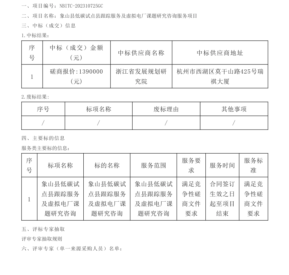 【中标】碳咨询139万-象山县低碳试点县跟踪服务及虚拟电厂课题研究咨询服务项目的中标(成交)结果公告-象山县发展和改革局_第1页