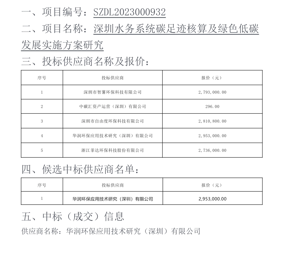 【中标】碳足迹295.3万-深圳水务系统碳足迹核算及绿色低碳发展实施方案研究中标（成交）结果公示-深圳市水务局-华润环保应用技术研究（深圳）有限公司_第1页