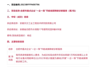 【中标】节能降碳-合肥市重点企业“一企一策”节能减煤降碳诊断服务（第2-4包）中标（成交）结果公告-合肥市发展和改革委员会-安徽天方工业工程技术研究院有限公司等3家企业