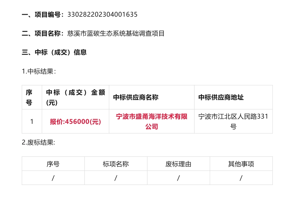 【中标】蓝碳45.6万-慈溪市蓝碳生态系统基础调查项目的中标(成交)结果公告-慈溪市自然资源和规划局_第1页