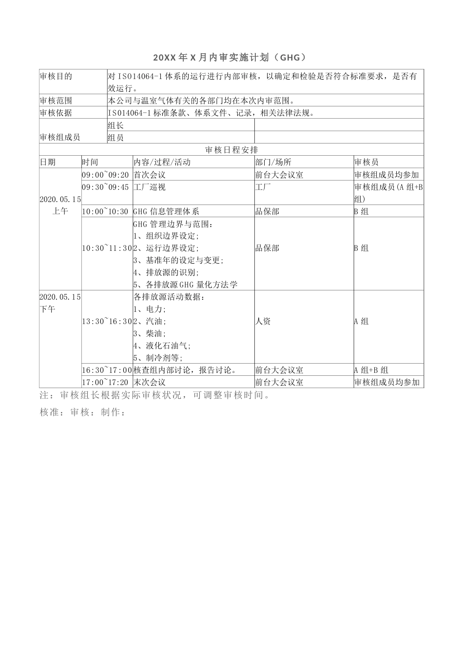IS014064-1温室气体管理体系：内审实施计划+内审检查表+内审报告全套资料_第3页