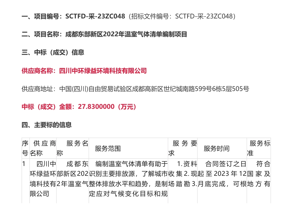 【中标】温气清单27.83万-成都东部新区2022年温室气体清单编制项目成交公告-成都东部新区管理委员会综合执法局-四川中环绿益环境科技有限公司_第1页
