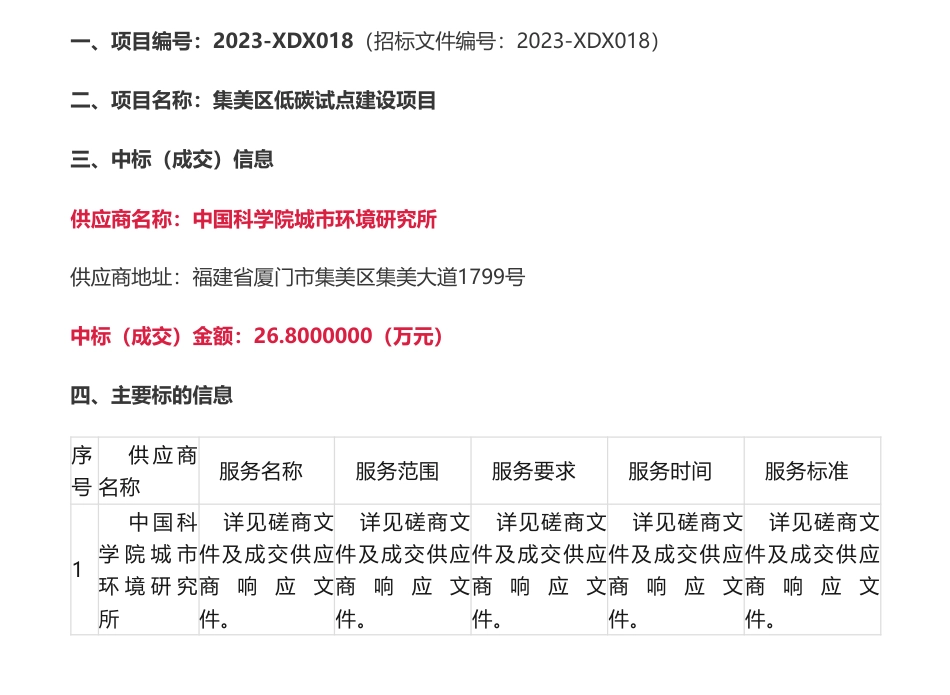 【中标】碳试点26.8万-厦门市集美区低碳试点建设项目成交公告-厦门市集美生态环境局-中国科学院城市环境研究所_第1页