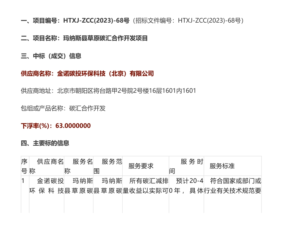 【中标】碳汇63万-玛纳斯县草原碳汇合作开发项目成交公告-玛纳斯县国有资产投资经营有限公司-金诺碳投环保科技（北京）有限公司_第1页