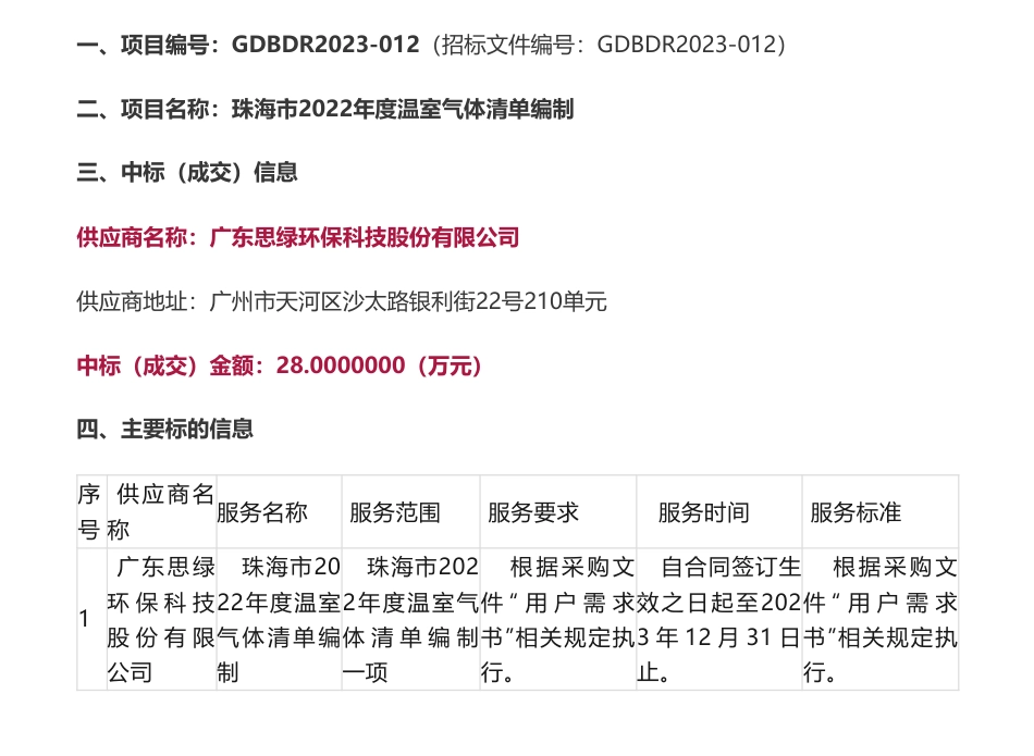 【中标】温气清单28万-珠海市2022年度温室气体清单编制成交公告-珠海市生态环境局-广东思绿环保科技股份有限公司_第1页