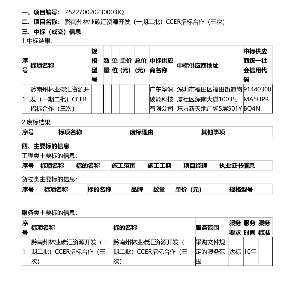 【中标】CCE-黔南州林业碳汇资源开发（一期二批）CCER招标合作（三次）中标（成交）公告-贵州好花红国有资本运营有限公司-广东华润碳能科技有限公司_第1页