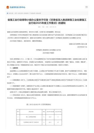 甘肃省深入推进新型工业化暨强工业行动2025年度工作要点