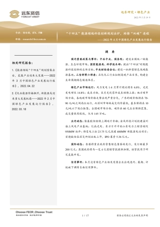 2022年4月中国绿色产业发展运行报告：“十四五”能源领域科技创新规划出炉，助推“双碳”进程-远东资信