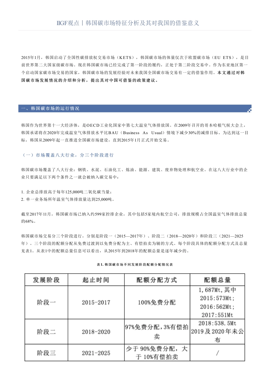 IIGF观点丨韩国碳市场特征分析及其对我国的借鉴意义_第1页