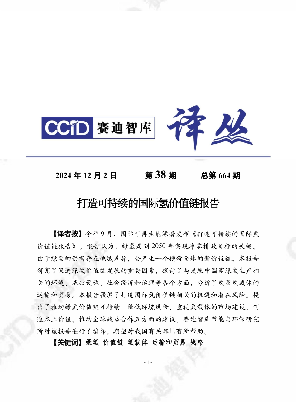 赛迪智库：打造可持续的国际氢价值链报告_第1页