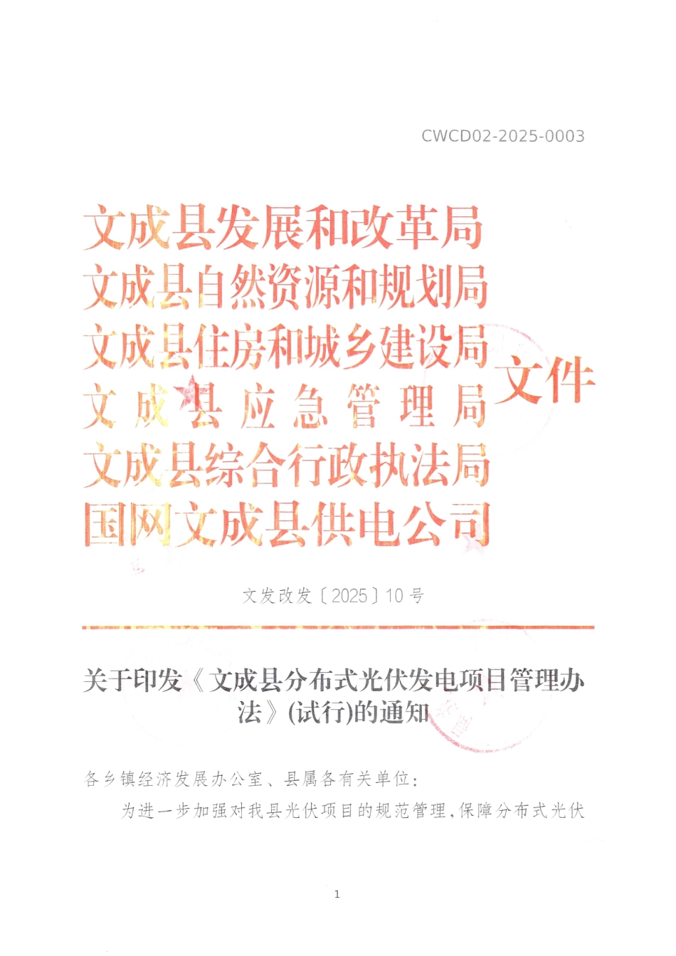 文成县分布式光伏发电项目管理办法（试行）_第1页