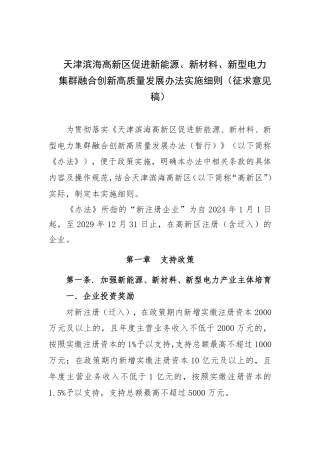 天津滨海高新区促进新能源、新材料、新型电力集群融合创新高质量发展办法实施细则（征求意见稿）