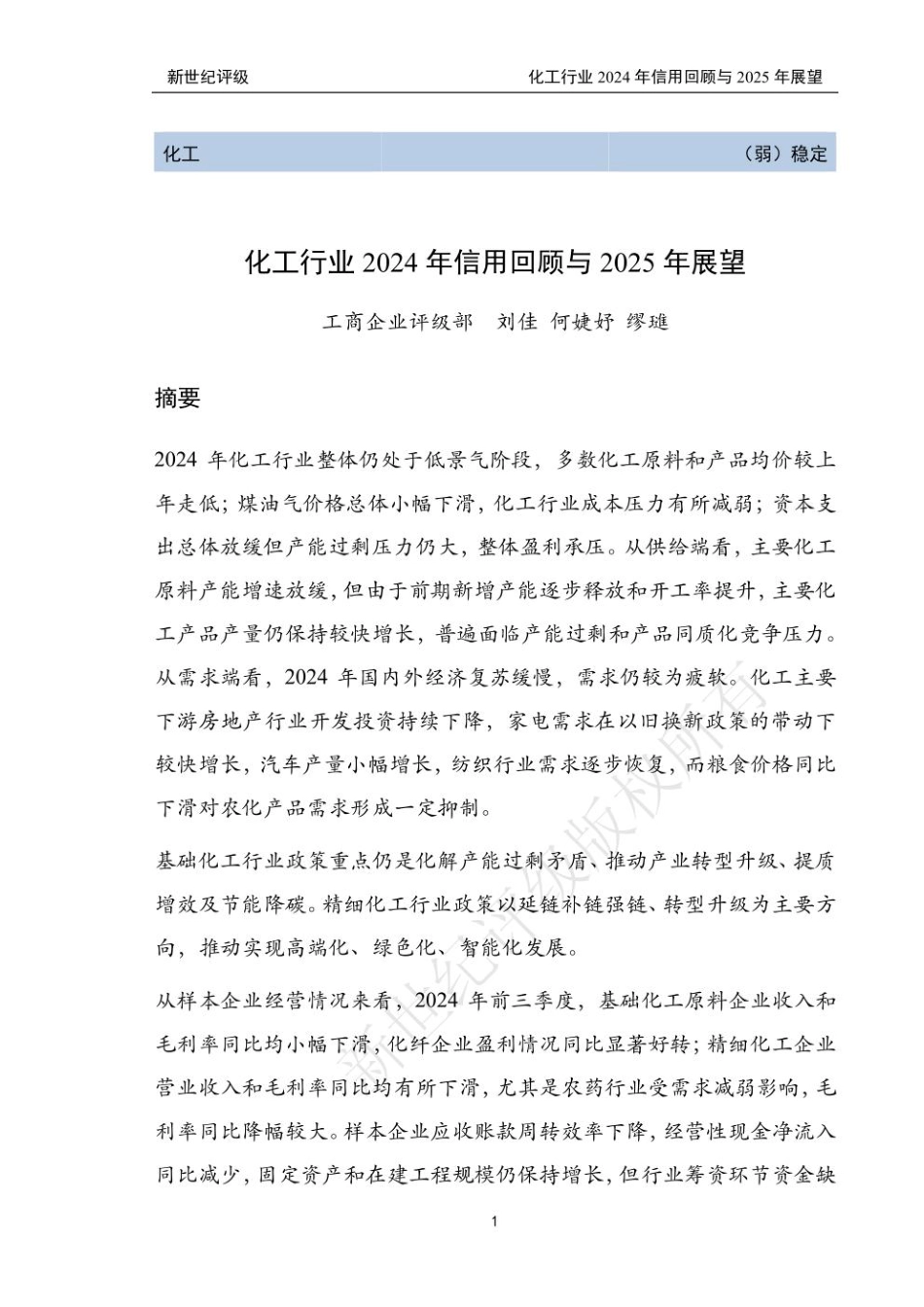 新世纪评级：化工行业2024年信用回顾与2025年展望_第1页
