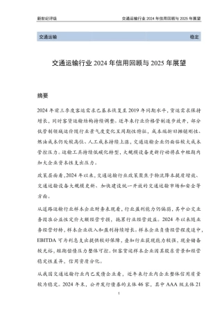 新世纪评级：交通运输行业2024年信用回顾与2025年展望