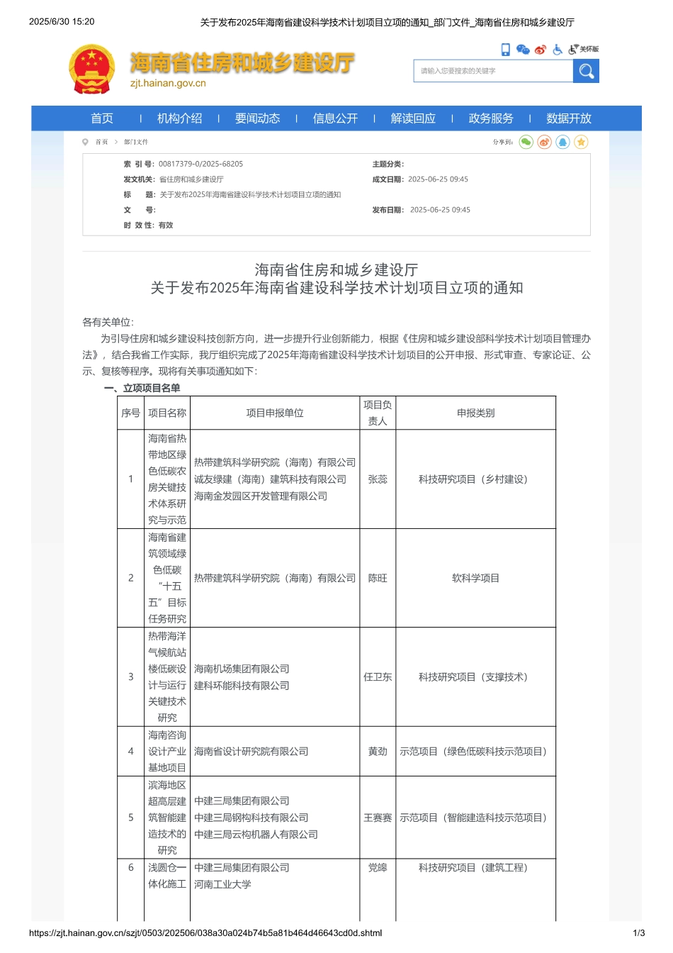 海南省住房和城乡建设厅关于发布2025年海南省建设科学技术计划项目立项的通知_第1页