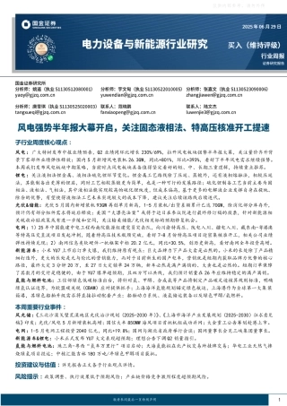 国金证券：风电强势半年报大幕开启，关注固态液相法、特高压核准开工提速
