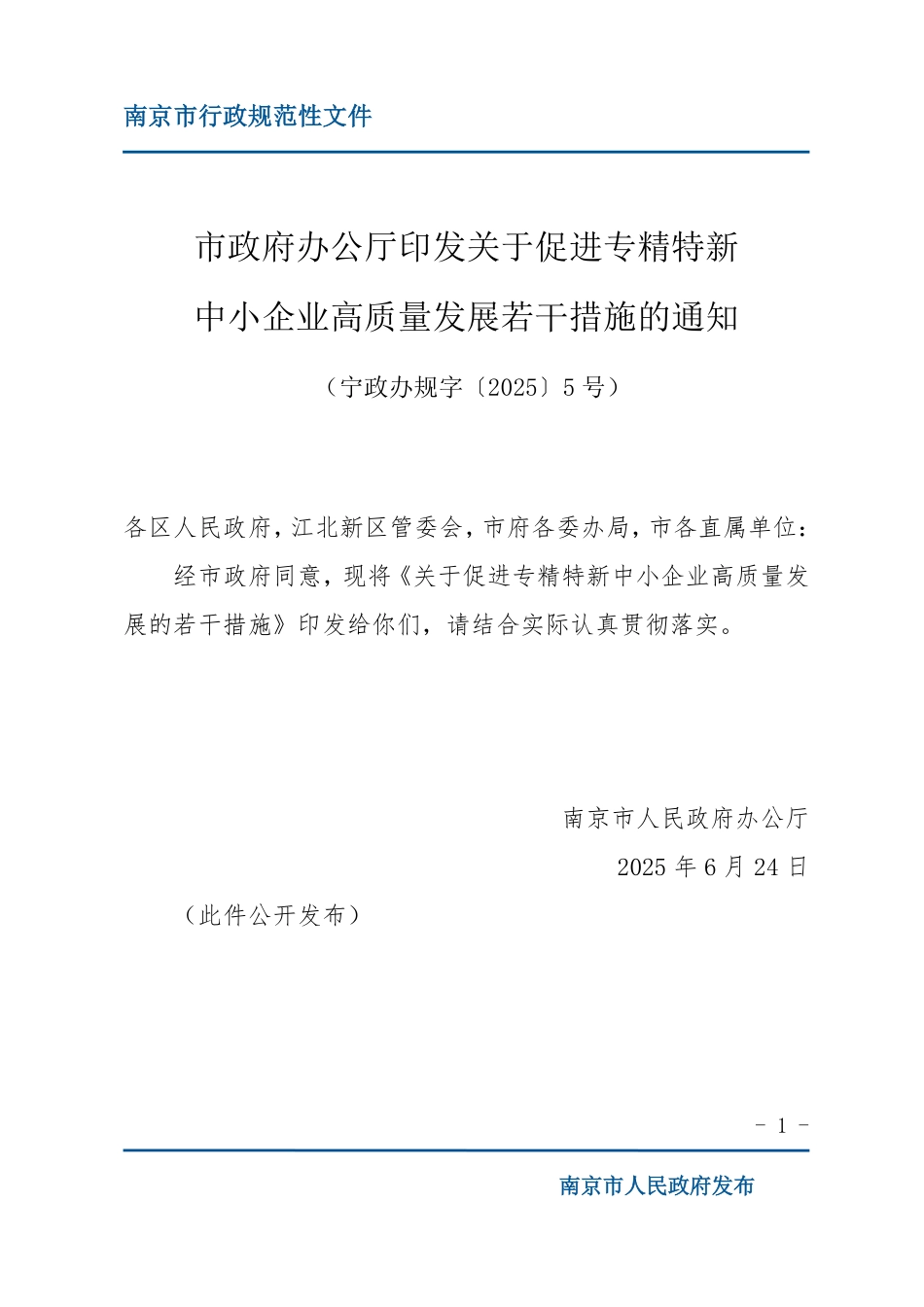 南京市关于促进专精特新中小企业高质量发展的若干措施_第1页
