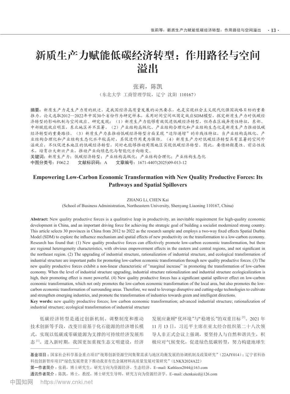 新质生产力赋能低碳经济转型：作用路径与空间溢出_第1页