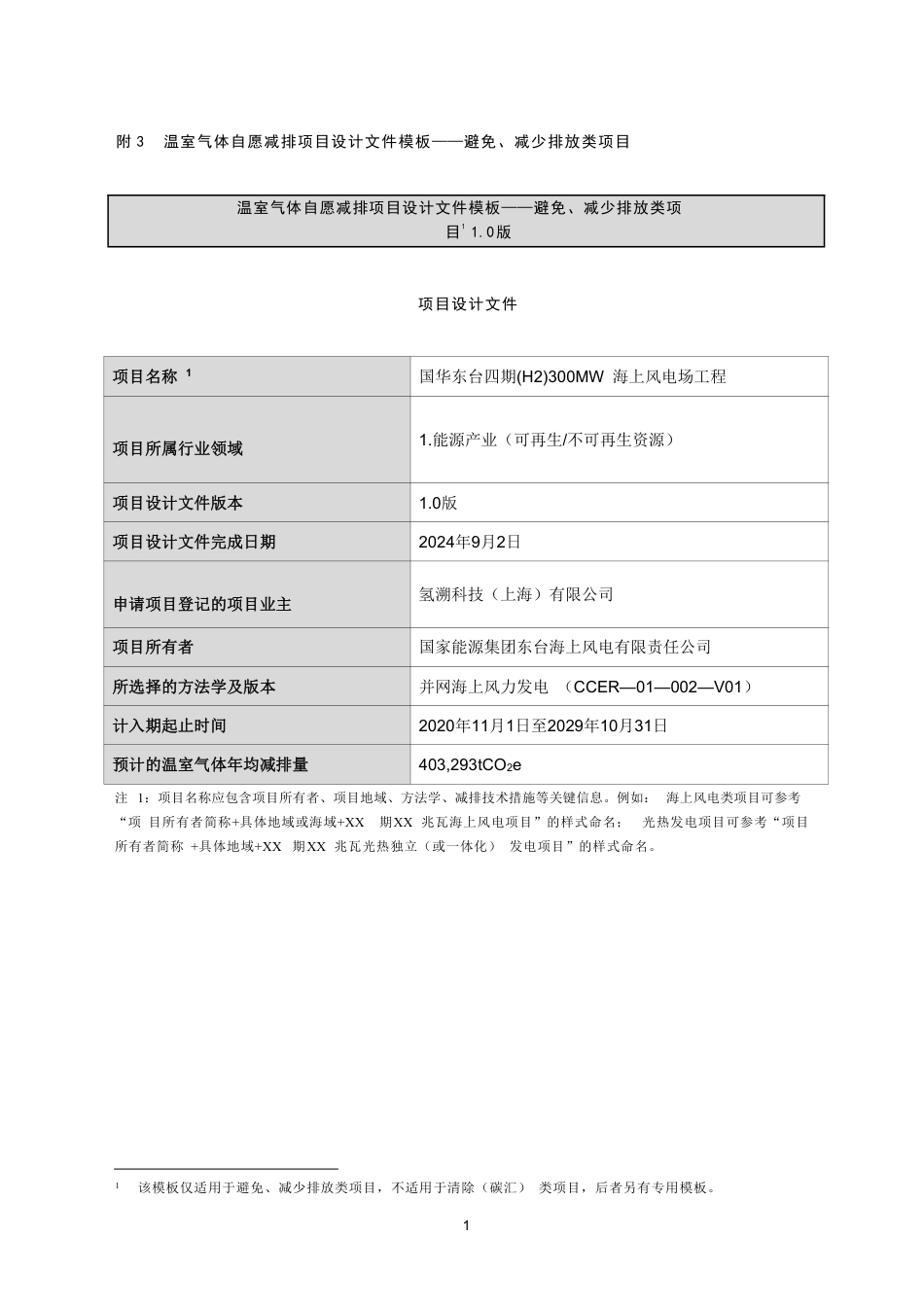 CCER项目：国家能源集团江苏东台H2四期300MW海上风电项目_第1页