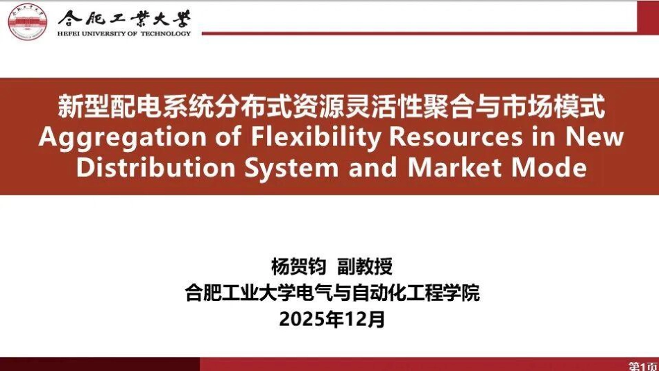 合肥工业大学 杨贺钧PPT：新型配电系统分布式资源灵活性聚合与市场模式_第1页
