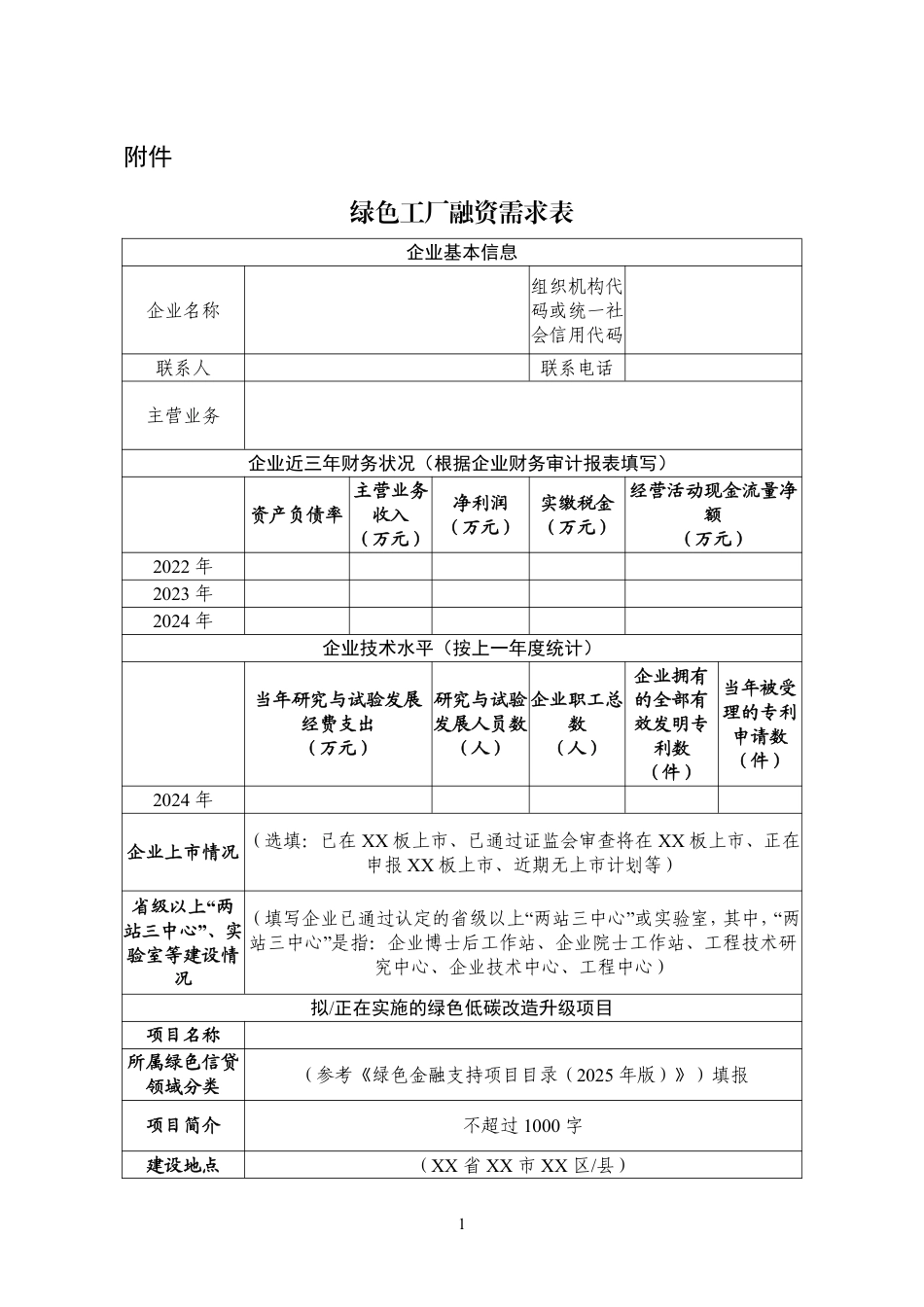 附件：绿色工厂融资需求表_第1页
