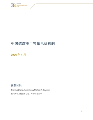 中国新型电力市场研究库：中国燃煤电厂容量电价机制