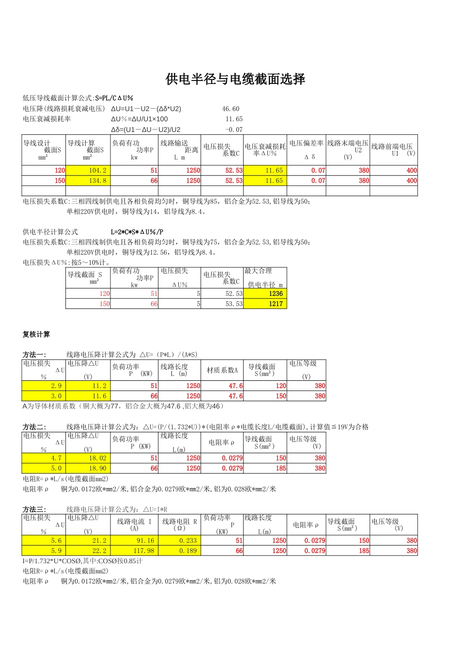 供电半径与电缆截面选择自动计算表格_第1页