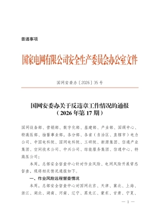 国网安委办〔2026〕35号   国网安委办关于反违章工作情况的通报（2026年第17期）