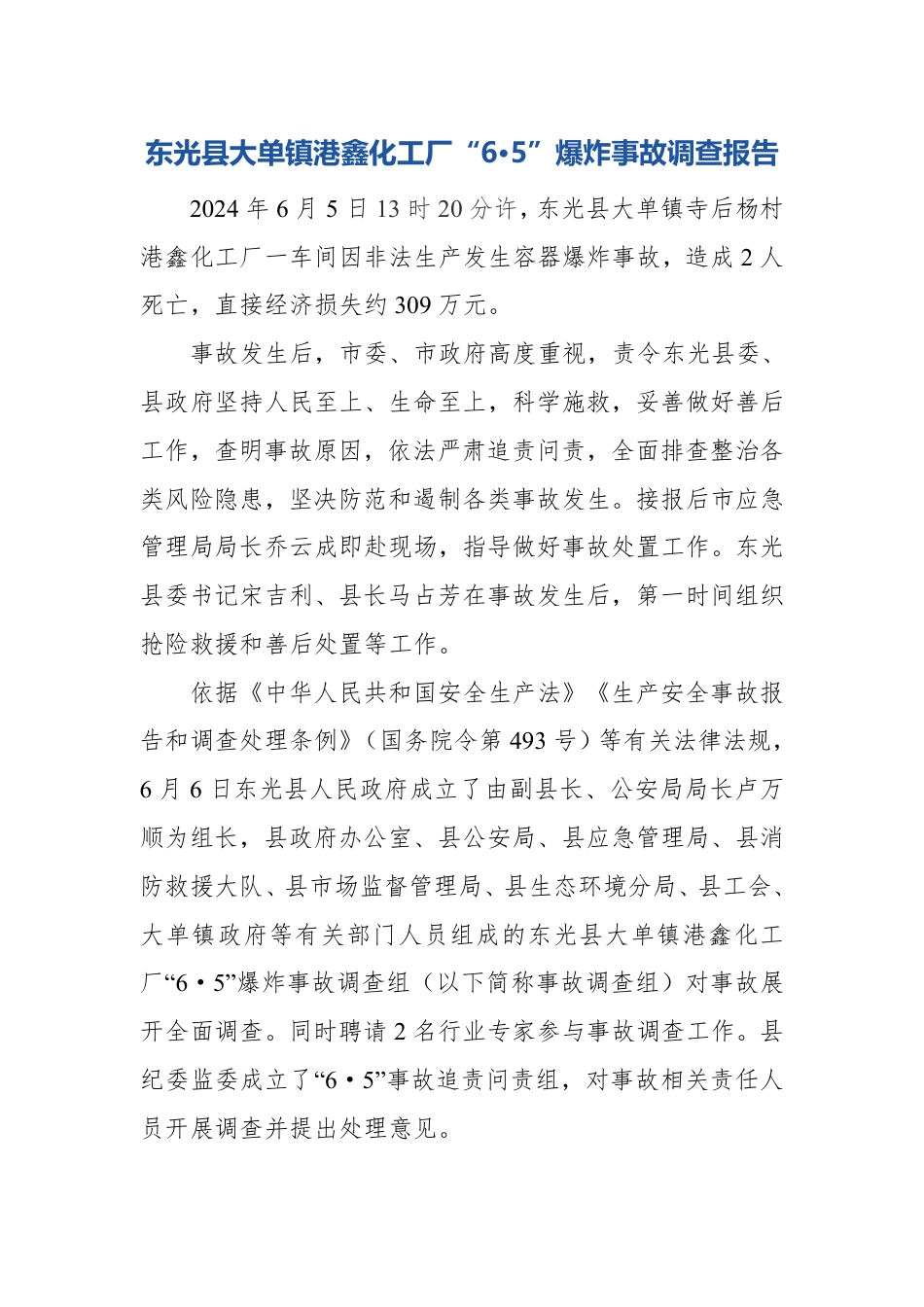 东光县大单镇港鑫化工厂“6•5”爆炸事故调查报告_第1页