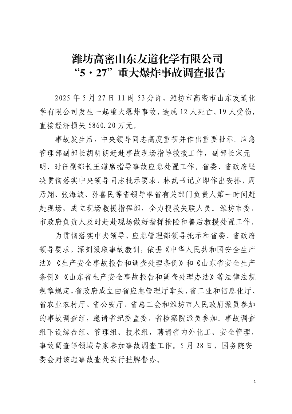潍坊高密山东友道化学有限公司“5·27”重大爆炸事故调查报告_第1页