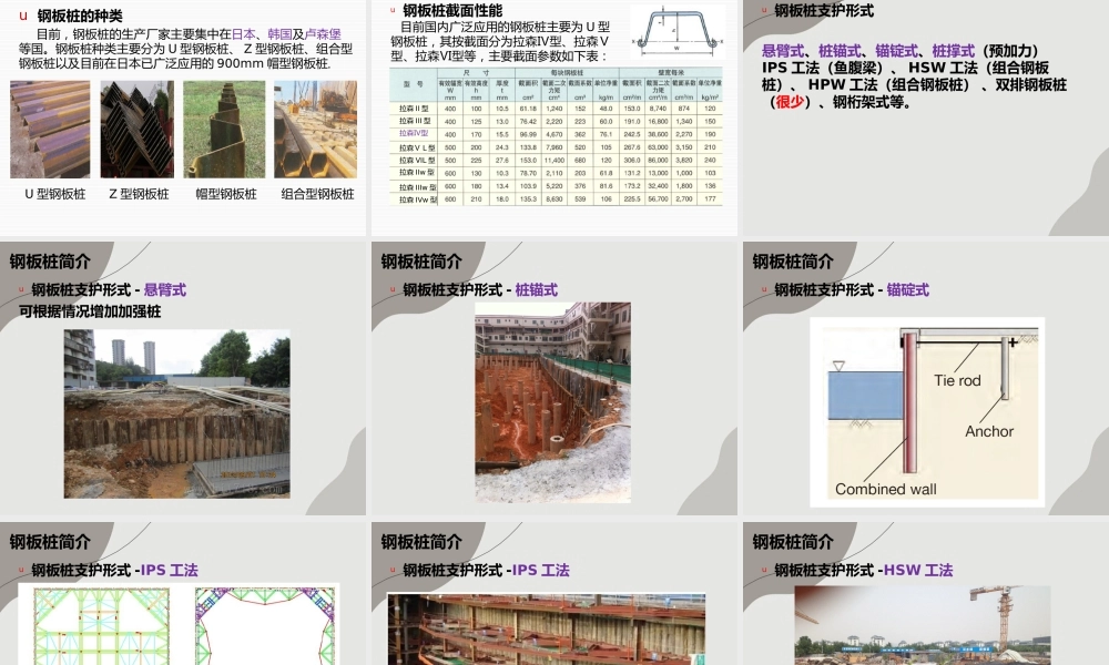 钢板桩分类大全、设计与施工ppt（82页）