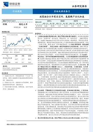 财信证券-其他电源设备Ⅱ行业深度：政策组合打开需求空间，氢氨醇产业化加速