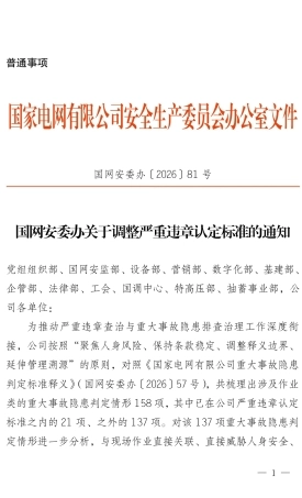 国网安委办〔2026〕81号   国网安委办关于调整严重违章认定标准的通知