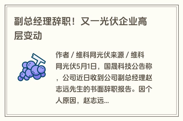 副总经理辞职！又一光伏企业高层变动