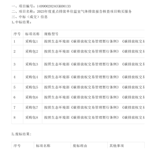 【中标】碳核查-山西省2023年度重点排放单位温室气体排放报告核查项目购买服务公开招标结果公告