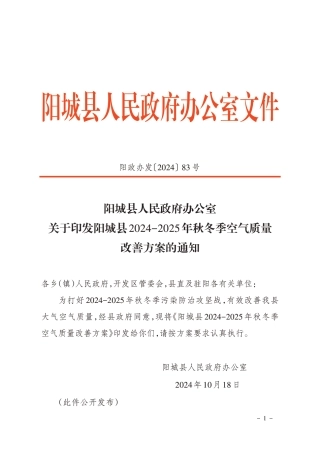 阳城县人民政府办公室：关于印发阳城县2024-2025年秋冬季空气质量改善方案的通知
